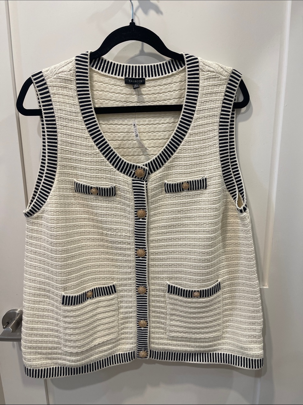 Talbots Cream Knit Sleeveless Cardigan Vest with Navy Trim sz  XL